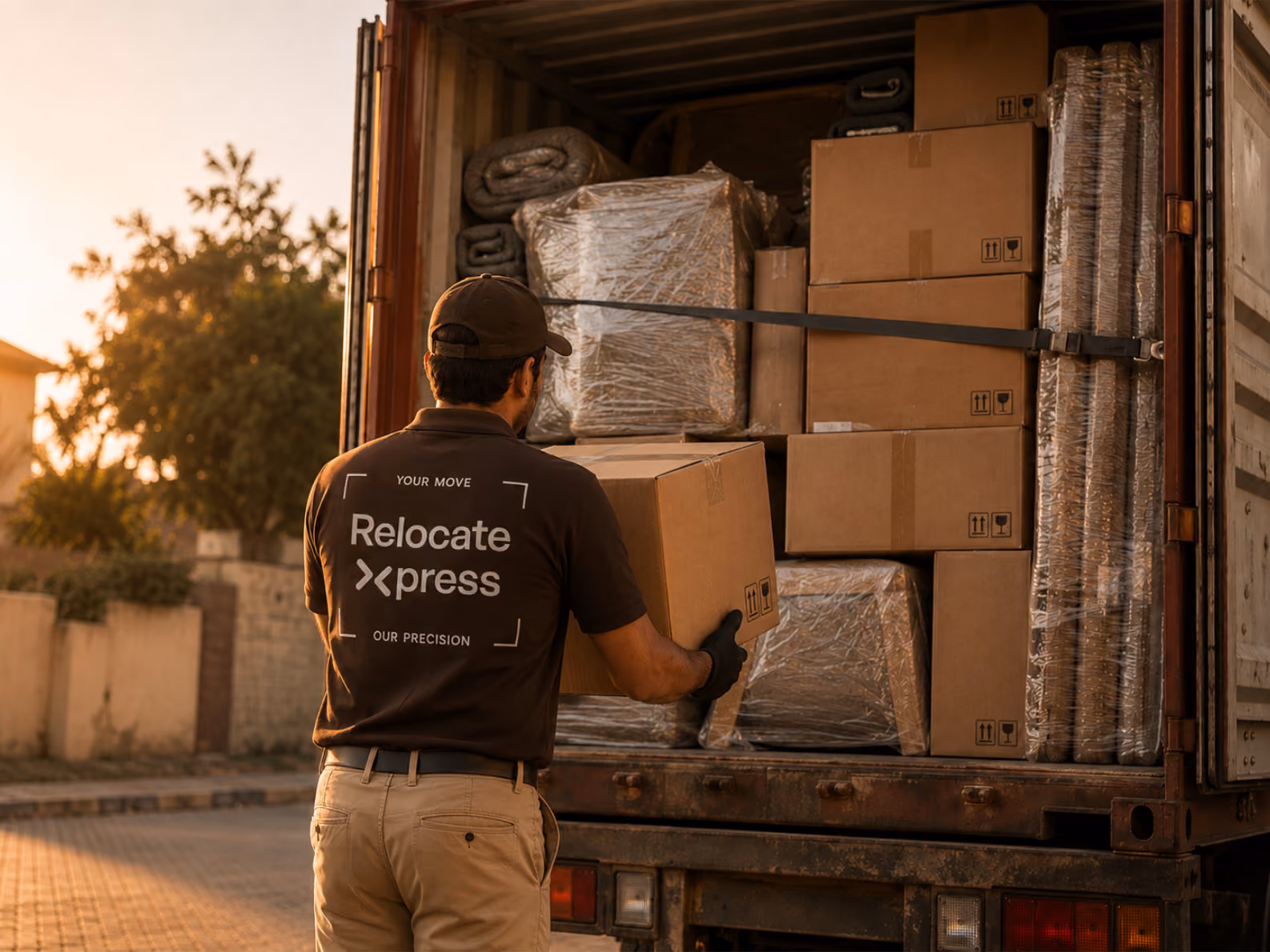 Worker loading boxes and wrapped furniture into truck at golden hour