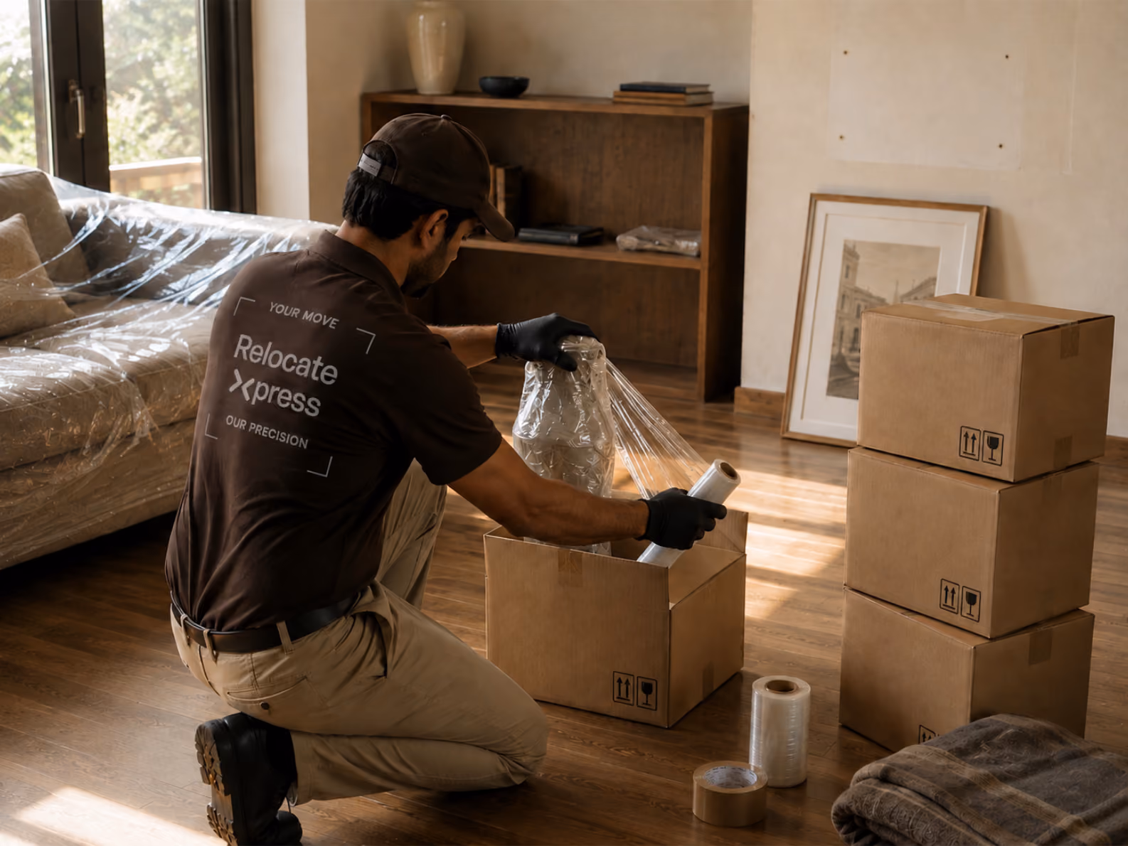 Moving worker carefully wrapping household items into cardboard boxes at home