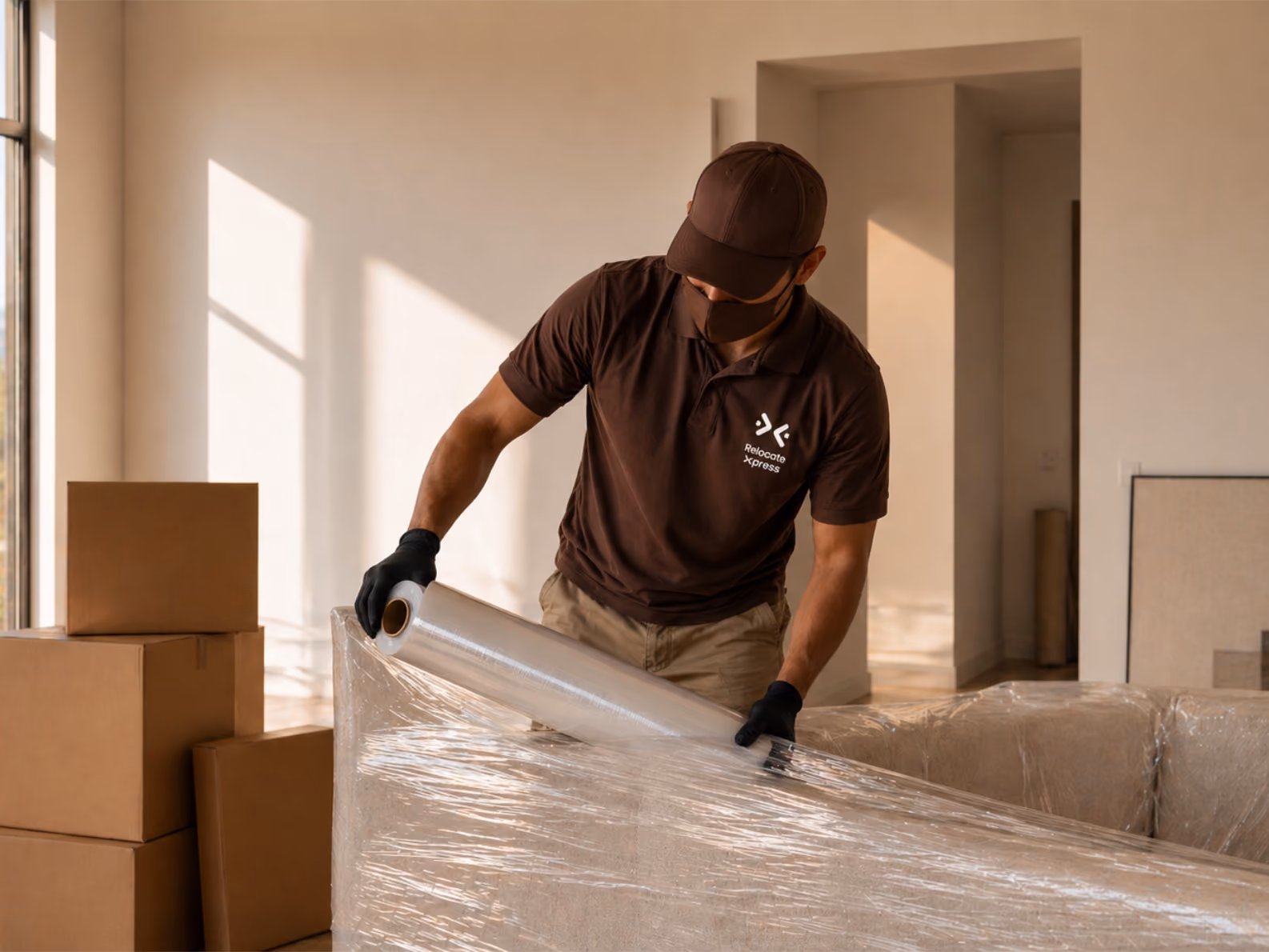 Worker wrapping furniture with protective plastic film indoors